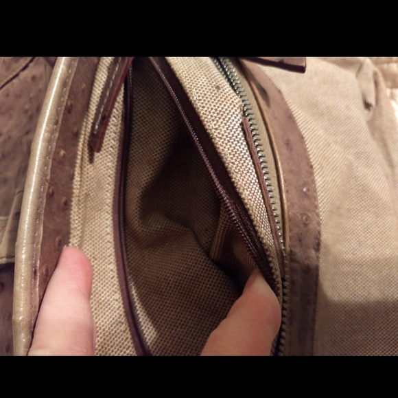 Vintage Limited Dooney & Bourke Camel/Taupe Ostrich Leather Satchel-Tote Handbag - Picture 11 of 12